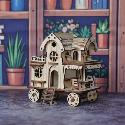 3D Wooden Puzzle Mobile Home on Wheels – DIY Café Bar Model Kit, Handcrafted Miniature House Assembly, Unique Desk Decoration Gift for Adults Teens Birthday Christmas Housewarming
