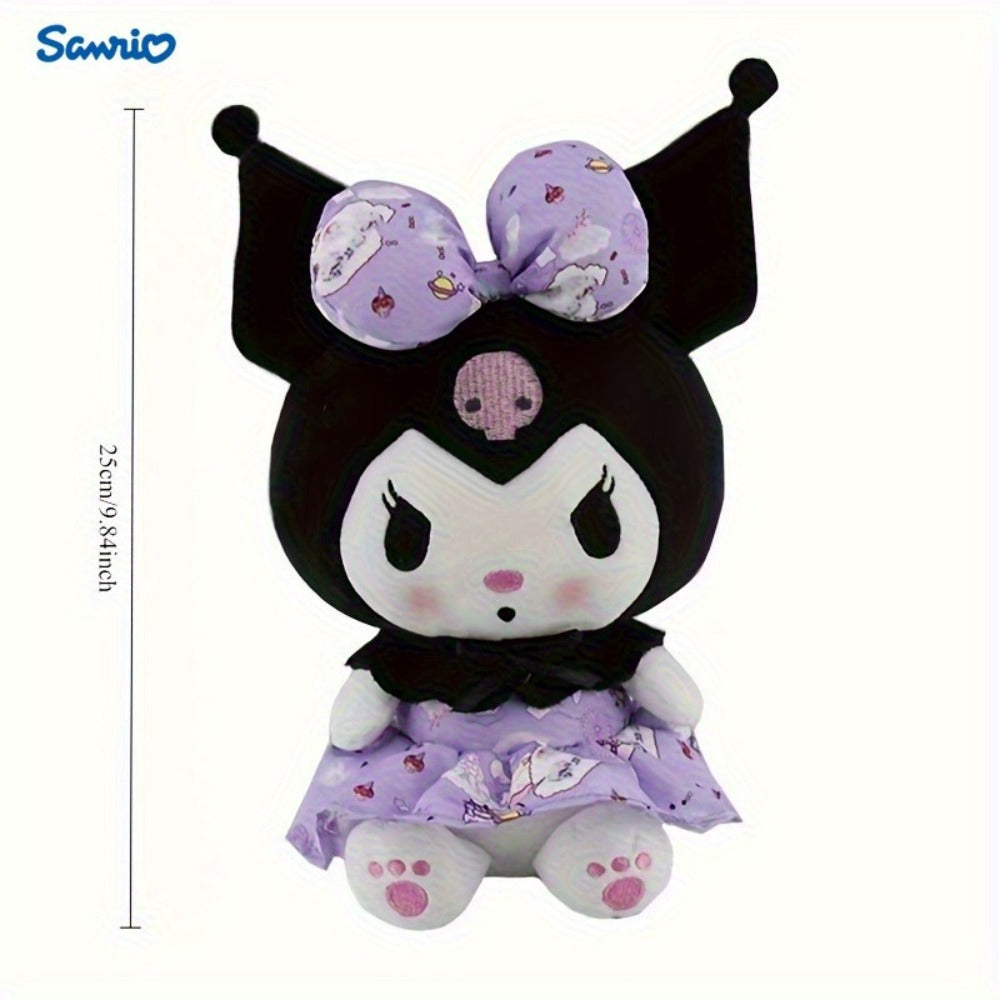 Kuromi Gothic Kawaii Stuffed Animal – Sanrio Plush Doll with Skull Embroidery Floral Bow Headband Princess Dress, Purple Pink Soft Toy Birthday Gift for Girls Teens Anime Fans