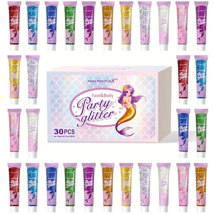 Face Body Glitter Gel Set 30 Pieces — Colorful Shapes Mermaid Sequin Stars Hearts, Transparent Gel Base, Skin-Safe Shimmer Makeup for Festivals, Raves, Halloween, Cosplay & Parties