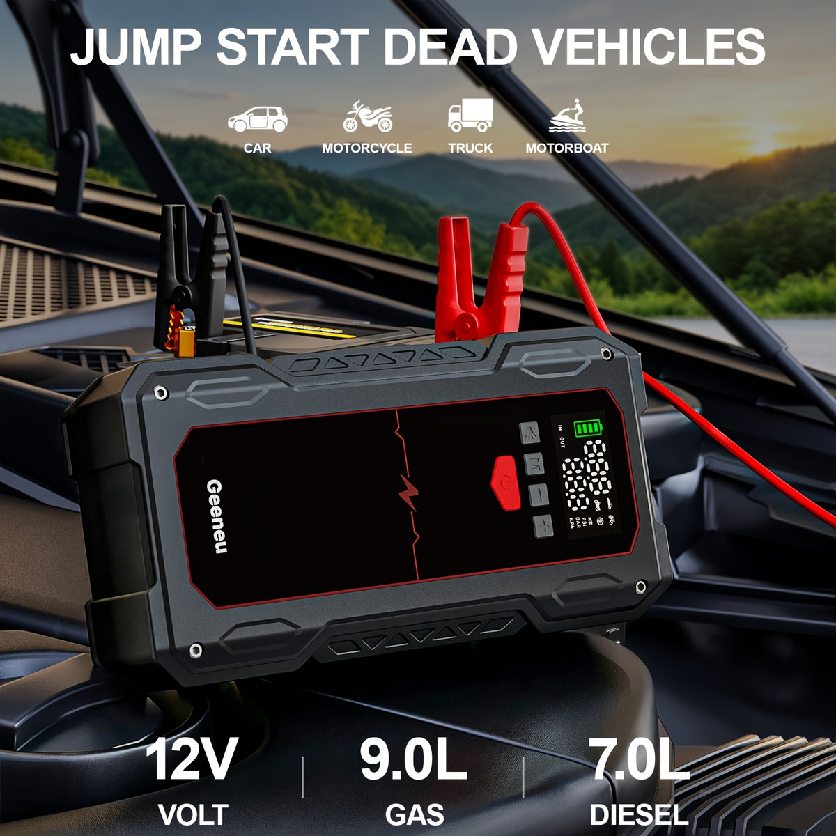 7-in-1 Portable Jump Starter With Air Compressor150PSI Digital Air Compressor, 12V Battery Booster For 2.38gal Gas/1.98gal Diesel Engines, Portable Car Jump Starter With Air Compressor, Fast Charge USB Ports & LED Emergency Light, Christmas Gifts