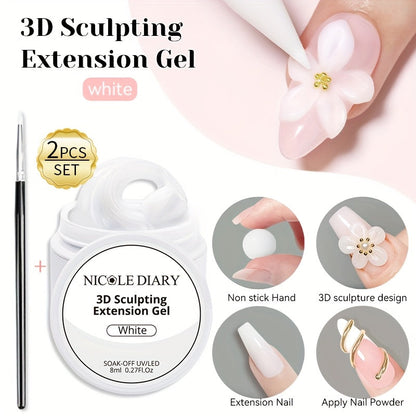 3D Sculpting Builder Gel Kit with Carving Pen — Clear & White Nail Extension Gel for Floral Nail Art, Acrylic Extensions & DIY Salon Manicure, Professional Nail Modeling Gel Set 2pcs or 3pcs for Women