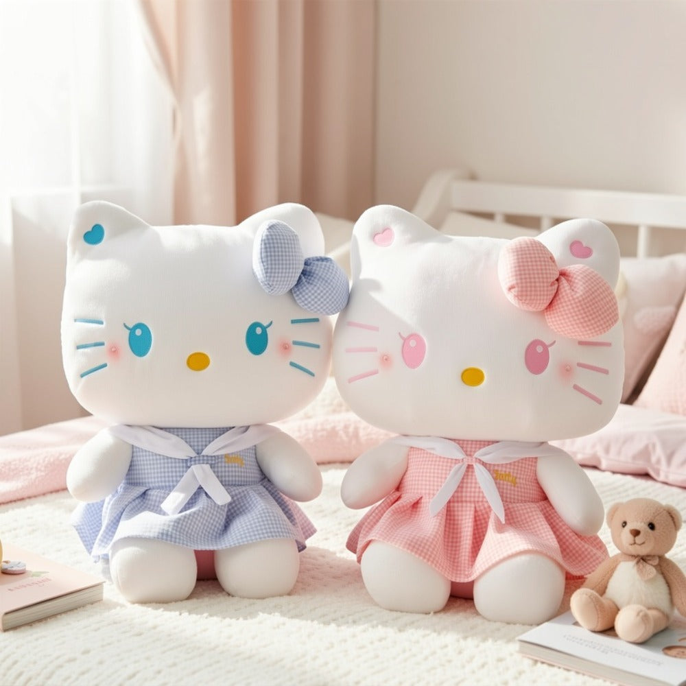 Hello Kitty Dress Up Plush 13.78 Inch — Sanrio Licensed KT Cat Stuffed Doll in Plaid Outfit, Oversized Kawaii Cuddle Pillow & Room Decor Gift for Girls Teens Pink Blue