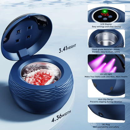 45kHz Ultrasonic Retainer Cleaner Machine with UV Sanitizer Portable Dental Cleaner for Retainers Aligners Dentures Braces Mouth Guard Jewelry 200ml Tank Chemical Free Blue Black White