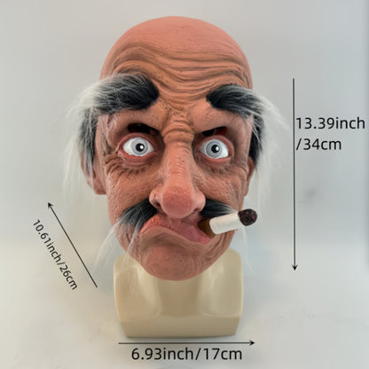 Old Man Grandpa Latex Full Head Mask with Beard – Realistic Smoking Elderly Halloween Costume for Adults Cosplay Theater Pranks Funny Disguise Prop Costume Party