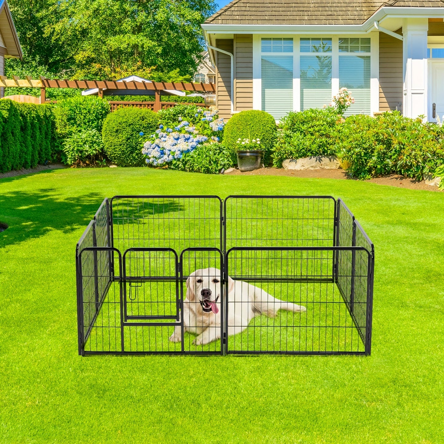Metal Dog Playpen with Door DIY 8 or 16 Panel Foldable Pet Pen for Small Medium Large Dogs Puppies Easy Assemble Indoor Outdoor Use 24 32 40 Inch Height