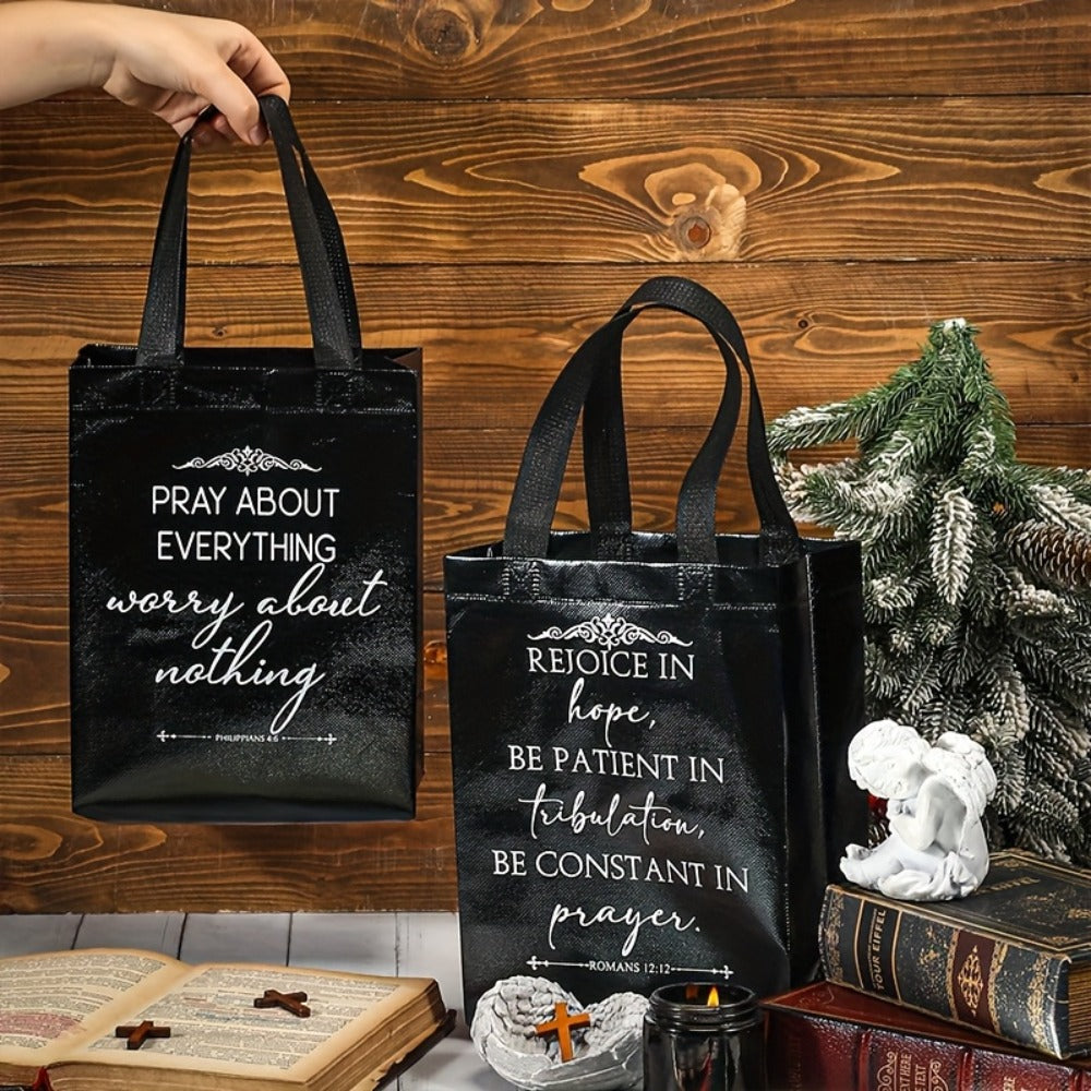 Christian Gift Bags Bulk with Handle – 24/48 Pcs Bible Verse Religious Reusable Bags Medium Size for Church Visitors Baptism Wedding Party Favors Father’s Day Black