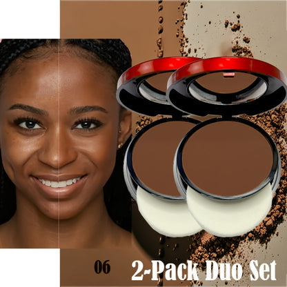 Pressed Powder Foundation Contour Matte Ful1l Coverage Oil Control Waterproof | 6 Shades Light to Dark | Blending Puff Included | 1-Pack & 2-Pack Duo Set Available