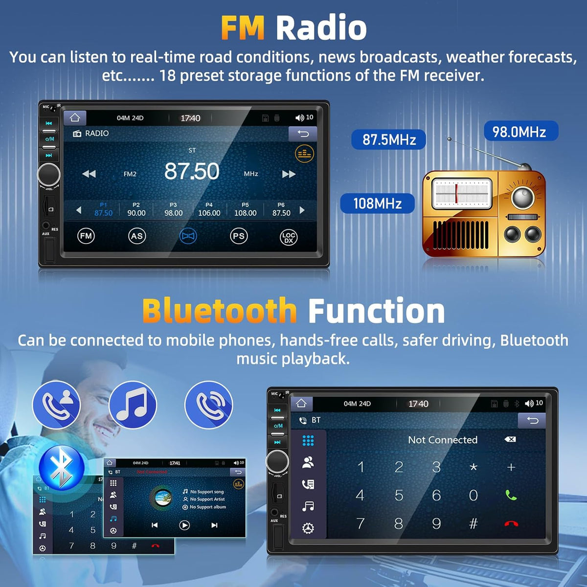 7" Double Din Car Stereo with Bluetooth 5.0, Touchscreen Universal Car Multimedia Player with Wired CarPlay & Android Auto, FM Radio, Rear View Camera Mic Support TF/USB