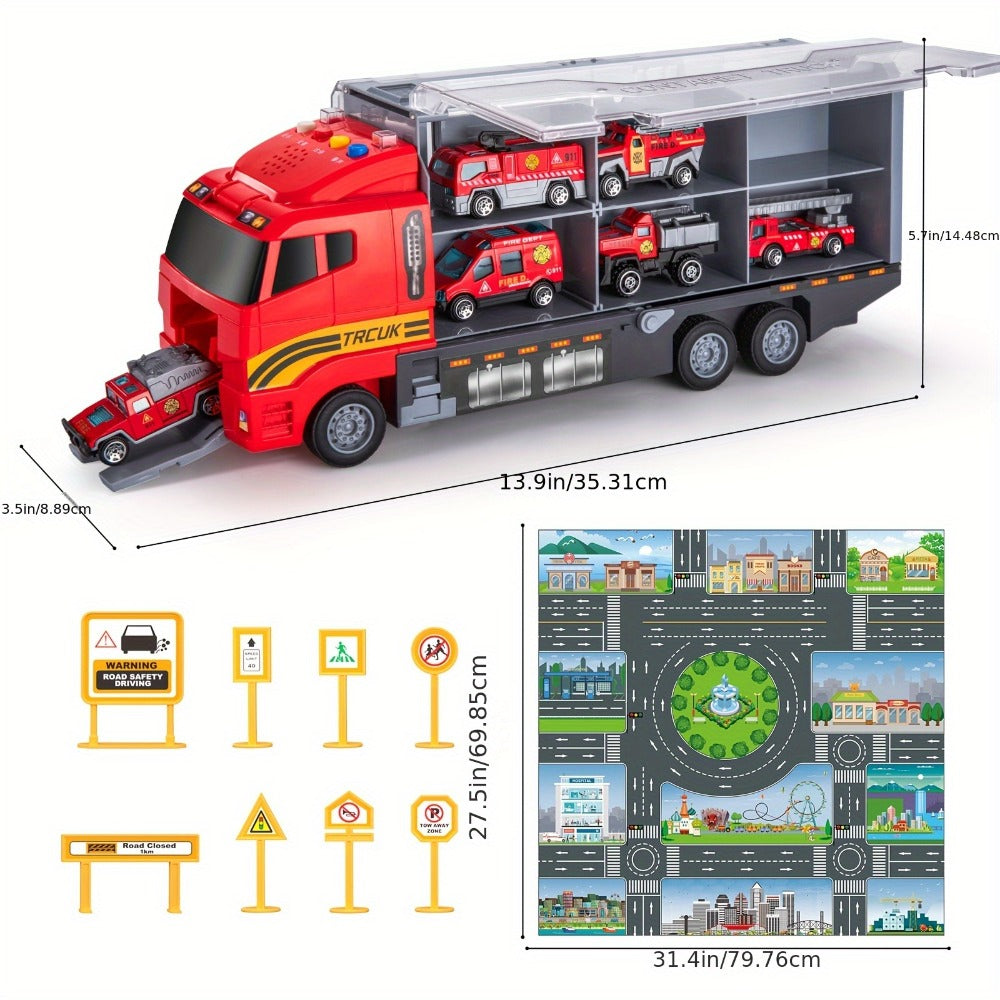 Fire Truck Toy Set for Kids Ages 3-6 – Die-Cast Metal Carrier Truck with Play Mat, Emergency Vehicle Collection, Birthday Christmas Gift for Boys Girls