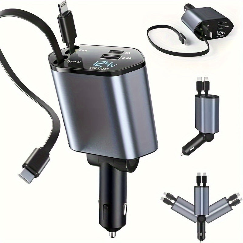 Retractable Car Charger 4in 1 Fast Car Phone Charger, Type C/IOS Car Charger Adapter with 2X Retractable Phone Charger Cables And 2X USB Ports for iPhone 15/14/13/12 Max, Samsung S24/S23, Google Smartphon
