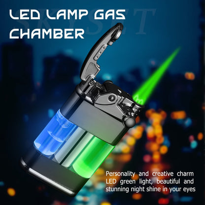 Green Flame Metal Lighter Windproof – Refillable Butane Gas Lighter with Adjustable Flame, Fuel Window & Rocker Arm Ignition, Cool Multifunctional Lighter for Outdoor Camping BBQ Cigars (No Butane)