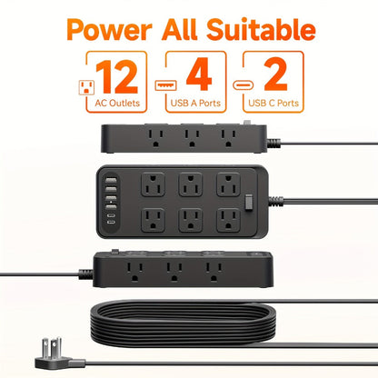 USB Extension Cord Power Strip 18-in-1 with 12 AC Outlets 6 USB Ports Surge Protector Overload Protection Switch 5FT 10FT for Home Kitchen Office Travel Accessories Black White