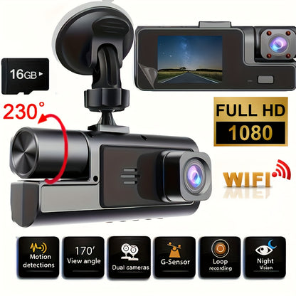 1080P Triple Camera Dash Cam, Dash Camera For Cars, Car Camera With IR Night Vision, 170°Wide Angle Car DVR Camera, 16GB/32GB TF Card Optional, Loop Recording, G-Sensor |2Inch IPS Screen Dual Lens Car Dashboard Video Cam, 24H Park Mode