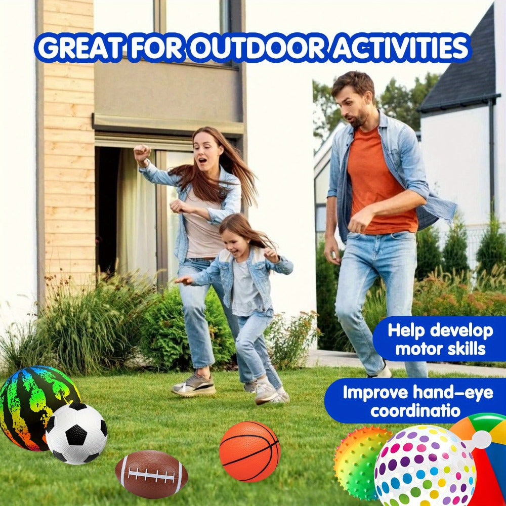 Kids Playground Ball Set 7-Pack with Air Pump – 10.6 Inch Outdoor Ball Plus 6-Inch Basketball Football Rugby, Active Play Toy for Home Yard Pool Classroom Park, Birthday Party Gift for Children Ages 4+