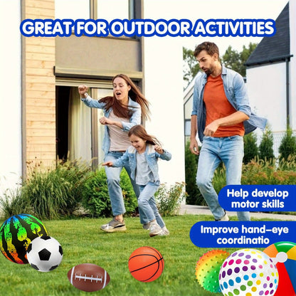 Kids Playground Ball Set 7-Pack with Air Pump – 10.6 Inch Outdoor Ball Plus 6-Inch Basketball Football Rugby, Active Play Toy for Home Yard Pool Classroom Park, Birthday Party Gift for Children Ages 4+