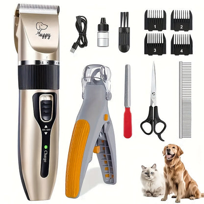 Pet Hair Trimmer Kit 2-in-1 with LED Nail Clipper – 12-in-1 Cordless Quiet Electric Clippers for Dogs & Cats, USB Rechargeable, 5 Guide Combs, Ergonomic Non-Slip Handle, Home & Salon Use