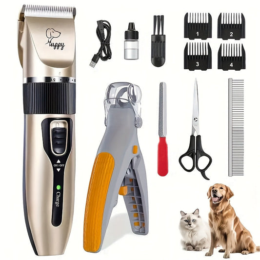 Pet Hair Trimmer Kit 2-in-1 with LED Nail Clipper – 12-in-1 Cordless Quiet Electric Clippers for Dogs & Cats, USB Rechargeable, 5 Guide Combs, Ergonomic Non-Slip Handle, Home & Salon Use