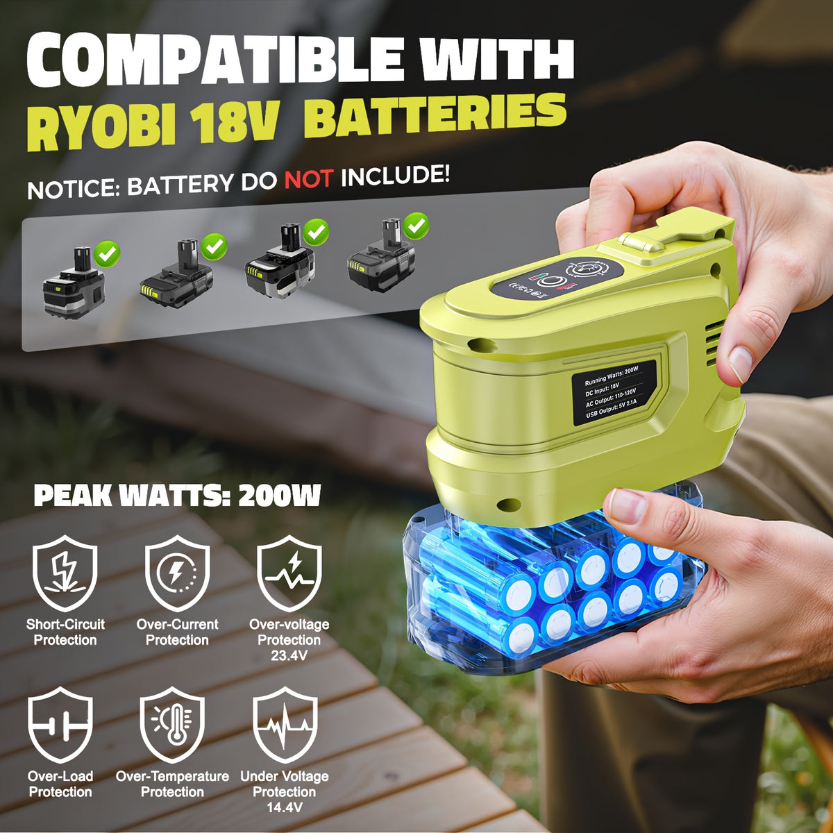 Diytoolifz Power Inverter Compatible with Ryobi 18V Battery, 200W Portable Power Supply Inverter Convert DC 18V to AC 110V-120V Battery Power Station with 2 USB And AC Battery Powered Outlet (Without Battery)