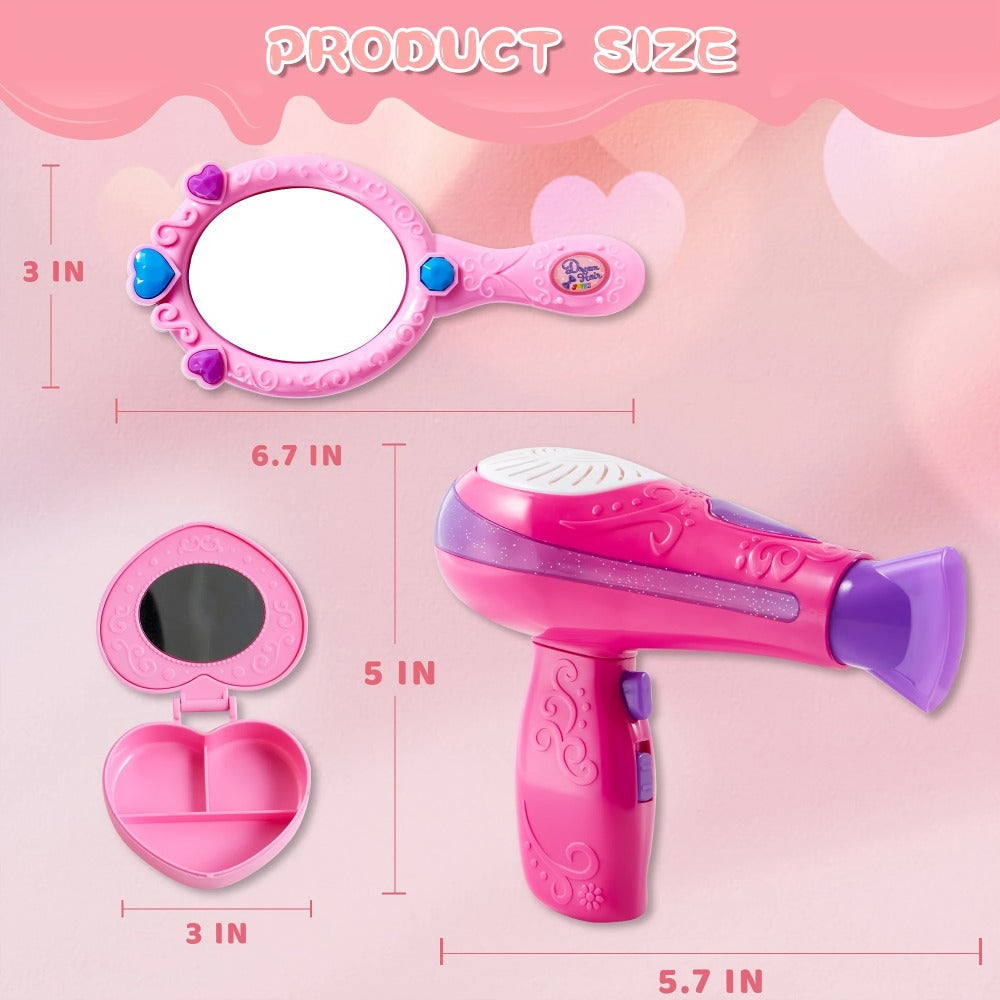 Girls Beauty Salon Toy Set 17 PCS – Pretend Play Hair Stylist Kit with Working Hairdryer Mirror Curling Wands Combs Clips & Jewelry Box | Princess Hair Dresser Toy for Girls Ages 3+ | Best Birthday Christmas Gift