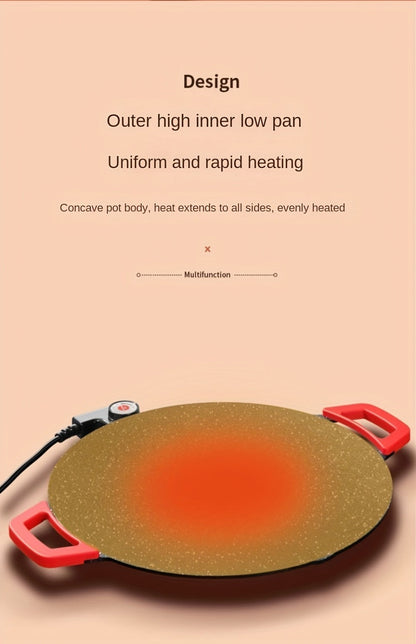 Korean BBQ Grill Pan – Round Non-Stick Multi-Functional Electric Grill Pan with Red Handle & Adjustable Settings, Home & Outdoor BBQ Pot for Family Gatherings, Available in 14.17" & 15.75"