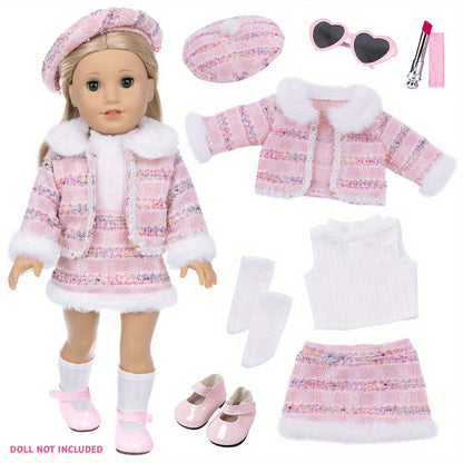 18 Inch Doll Knitted Clothes Outfit Set with Hat Jacket Skirt Shoes Socks Sunglasses Lipstick – Complete Baby Doll Accessories for 16-18 Inch Dolls Playing House Gift for Girls Birthday Christmas