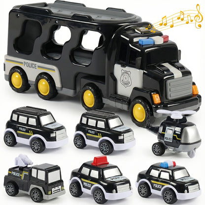 7-in-1 Kids Car Toy Set 7pcs with Playmat – Large Vehicle + 6 Mini Cars Ambulance Police Fire Truck Engineering – Birthday Halloween Christmas Gift for Boys Girls