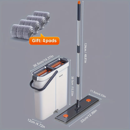 Flat Mop and Bucket System with Washable Reusable Microfiber Pads Dual Bucket Wringer Wet Dry Floor Mop for Hardwood Tile Marble Wall Cleaning Stainless Steel Handle 12.99in or 15.74in Mop Head