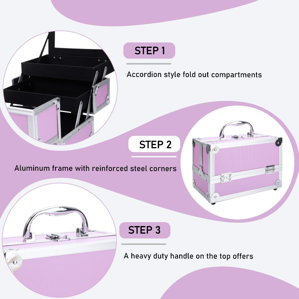Aluminum Makeup Train Case with Wheels Large Capacity Lockable Cosmetic Trolley Organizer Adjustable Dividers Retractable Handle for Makeup Artists Salon Travel Black Silver Pink Beauty Gift