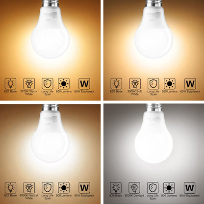 A19 LED Bulb 9W 800 Lumens 60W Equivalent 12 Pack – E26 Base 80+ CRI Non-Dimmable Energy Efficient, Daylight 5000K Neutral 4000K Soft 3000K Warm White 2700K for Bedroom Office Study Home Lighting