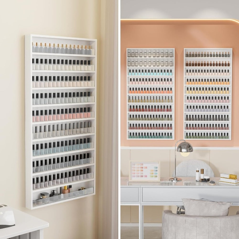 Nail Polish Rack Wall Mount Organizer 6-Tier & 10-Tier with Acrylic Baffle – Salon Display Shelf for Nail Polish Storage, Home Nail Studio & Spa, Black White Pink