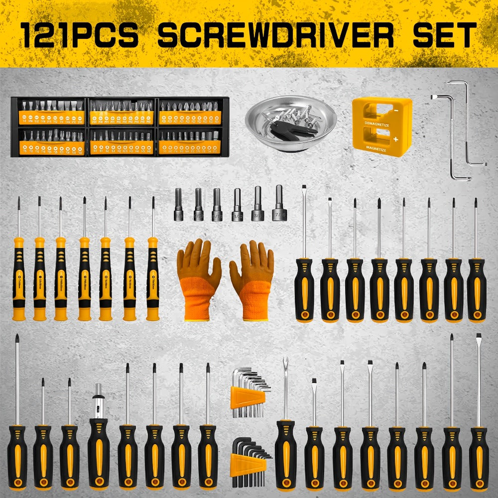 Magnetic Screwdriver Set 121-Piece – Chrome Vanadium Steel, Non-Slip Handle, Multi-Size Bits with Storage Rack, Magnetic Bowl, Gloves & Nail Puller – Complete DIY Tool Kit Gift for Men