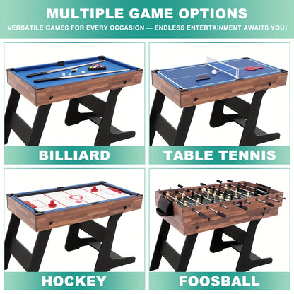 4-in-1 Multi-Game Table 54 Inch Foldable – Table Tennis, Air Hockey, Billiards & Foosball – Combo Game Table for Adults, Families & Game Rooms, Gray or Wood Grain