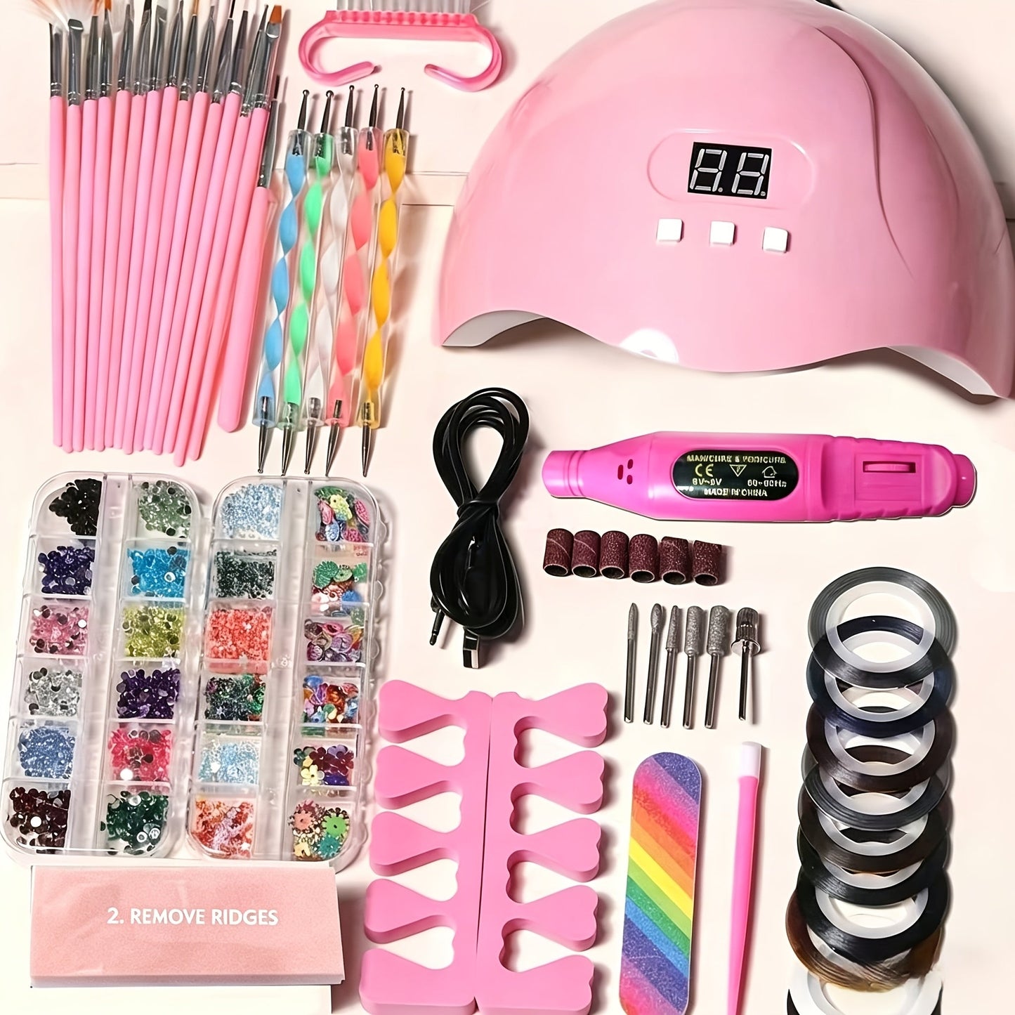 72-Piece Complete Nail Art Set with LED UV Lamp, Electric Nail Drill Pen, Gel Polish, Glue Drying Machine, Nail Polisher, Polish Brush Set, Finger Divider & Stainless Steel Manicure Tools – All-in-One Home Salon Kit for Women