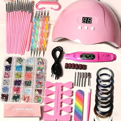 72-Piece Complete Nail Art Set with LED UV Lamp, Electric Nail Drill Pen, Gel Polish, Glue Drying Machine, Nail Polisher, Polish Brush Set, Finger Divider & Stainless Steel Manicure Tools – All-in-One Home Salon Kit for Women