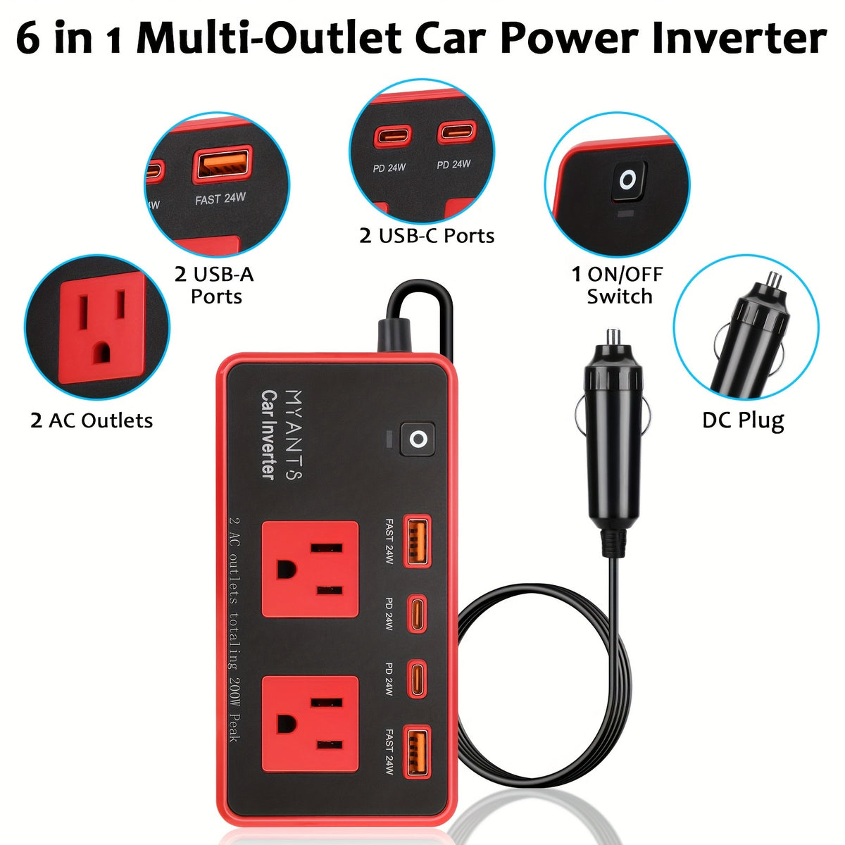 Car Power Inverter 200W, 12V DC to 110V AC Converter Car Outlet Adapter Outlet Fast Car Charger 4 USB Ports 24W [PD & QC 3.0 USB C USB A] Type C Vehicle Power Supply Car Plug Outlet for Road Trips, Camping, Without Battery