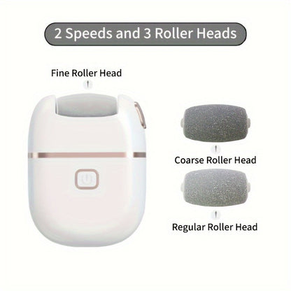 Electric Foot Callus Remover Rechargeable with 2 Roller Heads - Portable Dead Skin Scrubber Pedicure Tool for Smooth Soft Feet Cracked Heel Repair Home Professional Foot Care Kit, White