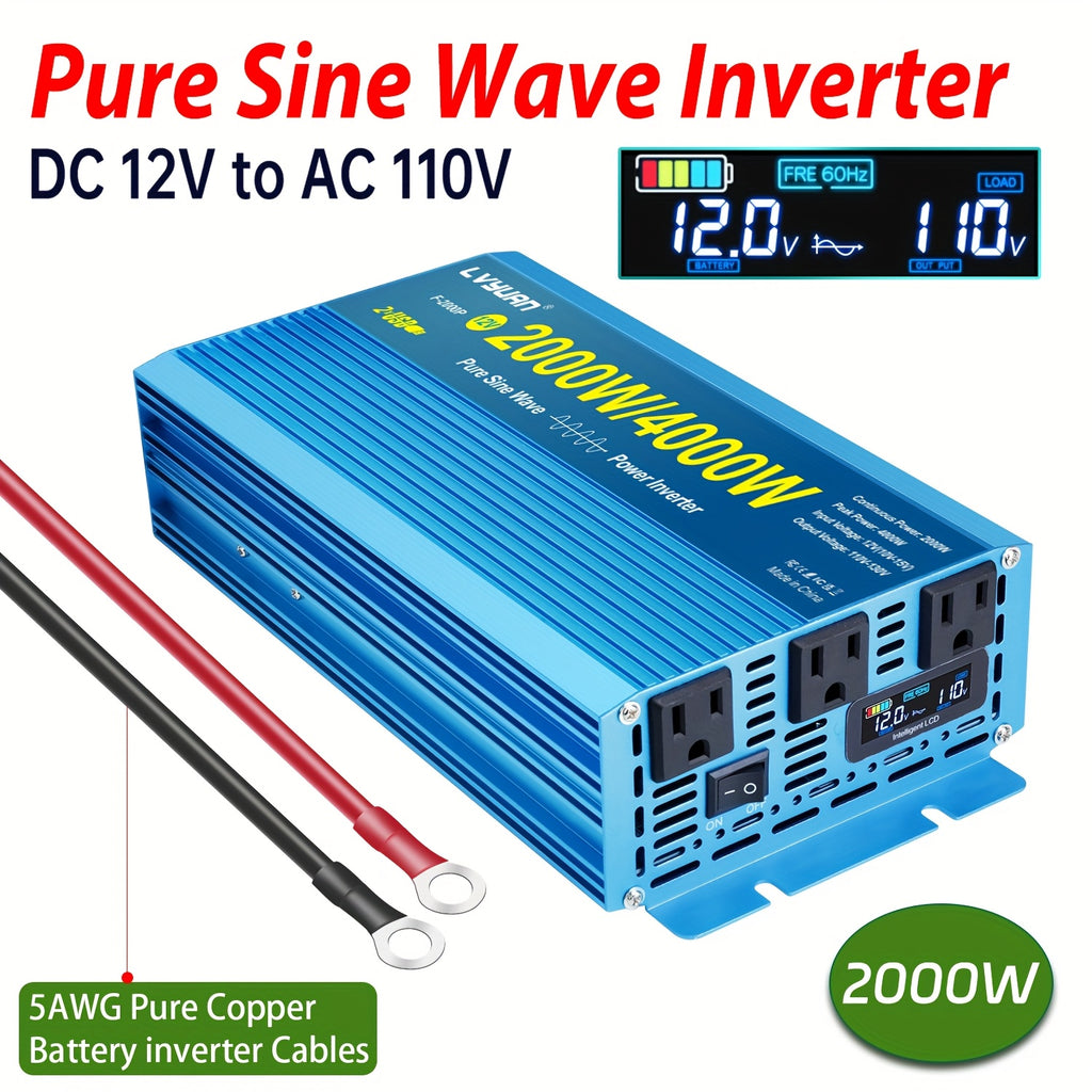 LVYUAN Car Power Inverter 2000W(Peak)1000W 12V to 110V DC to AC with 4 US Sockets, LCD Display, USB Ports for Car, Home, Outdoor, Camping Red