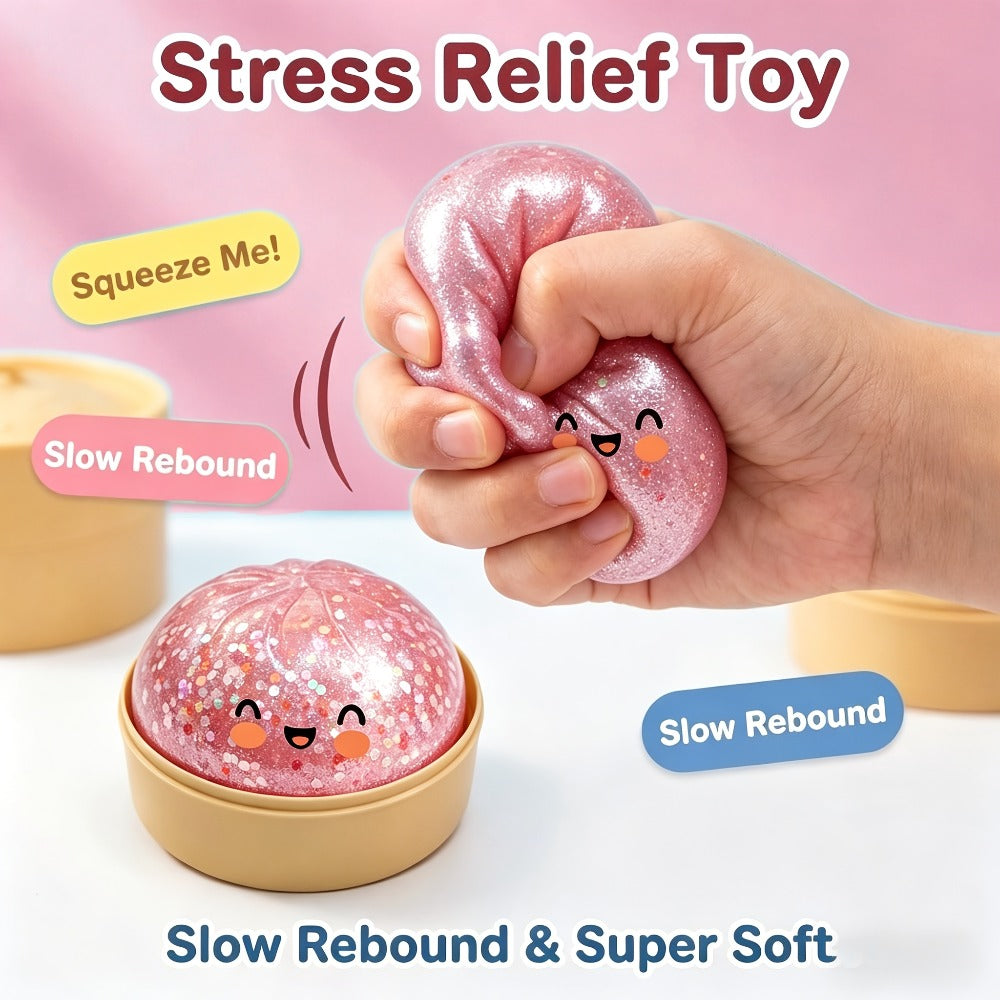 Glitter Dumpling Squishy Stress Ball 3 Pack with Steamer Box – Stretchy Fidget Sensory Toy for Kids & Adults, Colorful Squishies Party Favors Stocking Stuffers, 2026 Upgraded Formula, Random Colors