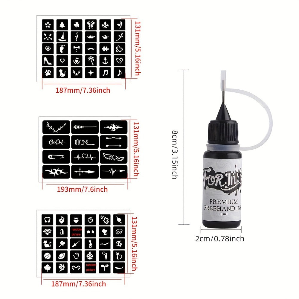 Semi-Permanent Tattoo Ink Set 8 Bottles — Waterproof Long-Lasting Paste Formula, Mixed Colors, Hollow Stencils Included, Body Art for Parties, Festivals, Halloween & Cosplay