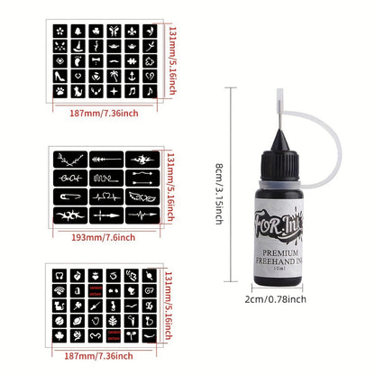 Semi-Permanent Tattoo Ink Set 8 Bottles — Waterproof Long-Lasting Paste Formula, Mixed Colors, Hollow Stencils Included, Body Art for Parties, Festivals, Halloween & Cosplay