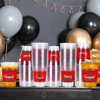 Graduation Plastic Mugs 100 Pack 14oz – 2026 Graduation Party Cups in Black Red Blue Green Purple Maroon for Graduation Ceremony, Reception, Celebration & School Color Party Drinkware Bulk