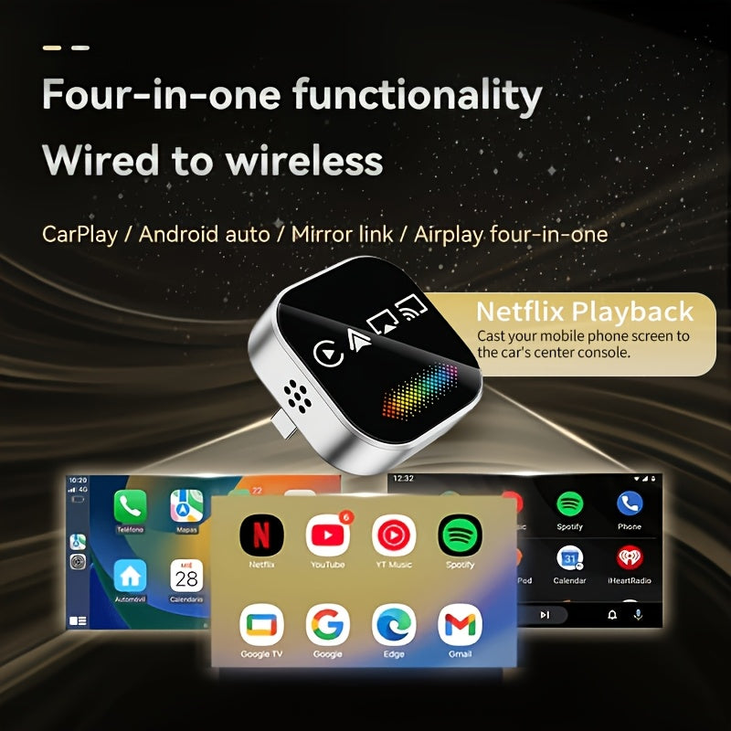 2026 Upgraded 4-in-1 Mini Wireless CarPlay Adapter, with Colorful Breathing Light, Plug & Play Wired to Wireless Converter for IOS CarPlay & Android Auto, BT 5.0, USB & USB-C Compatible