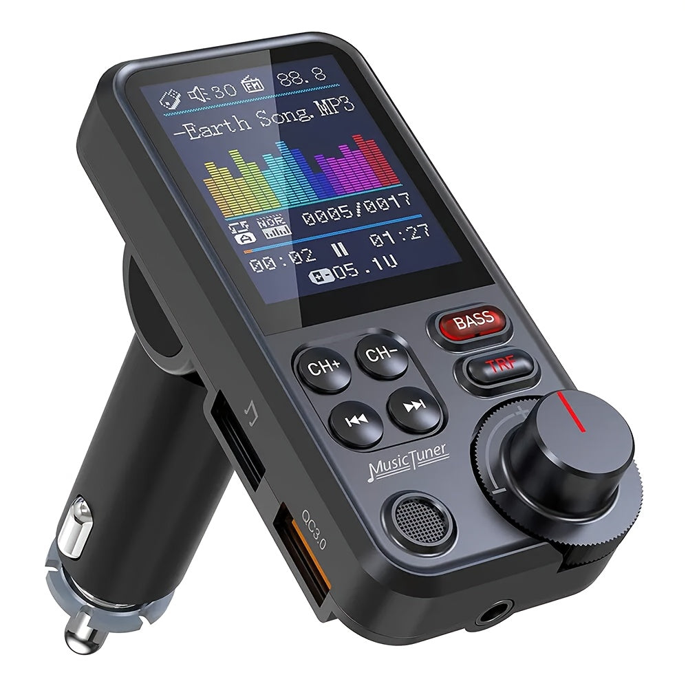 Car FM-BT 5.3 Transmitter with Enhanced Microphone, Wireless Car Adapter, 1.8" Color Screen, Hands-Free Calling, QC3.0 Fast Charging, Supports 64GB USB Drive & 64GB TF Card, And Bass/Treble Music Player.