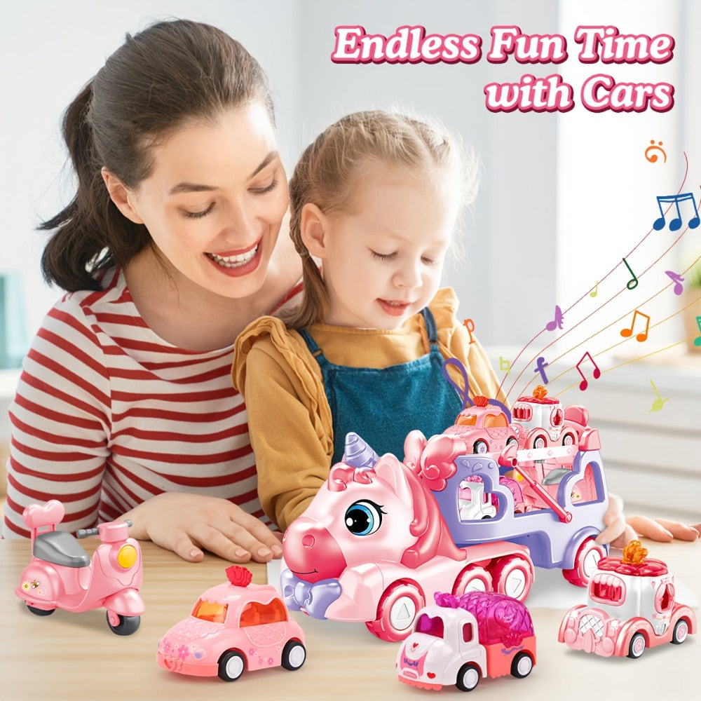 Pink Carrier Truck Toy with 4 Mini Cars, Music & Lights – Battery Powered Pull-Back Transport Vehicle for Girls Boys Ages 3+, Holiday Birthday Christmas Gift