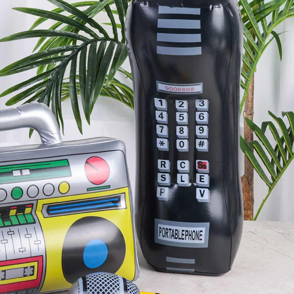 Inflatable Party Props 3 Pcs Blow Up Boombox Microphone & Retro Phone – 80s Hip Hop Theme Birthday Decorations for Graduation, Back to School, School Dance, DJ & Music Themed Party Supplies
