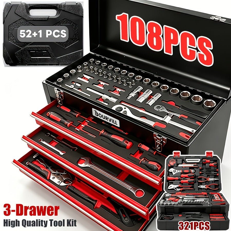 BOURVILL 52+1/108/321pcs Three-Drawer Hardware Tool Storage Box | Portable Self-Locking Toolbox | Automotive Repair Tool Set | Ideal for Organizing And Storing Hardware | Suitable for Automotive, Motorcycle, And Home Repair Work