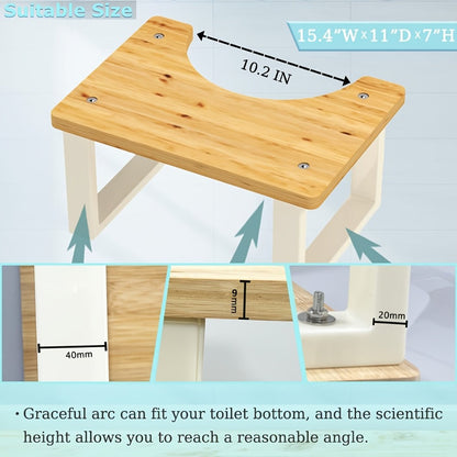 Squat Toilet Stool with Non-Slip Bamboo Surface - Ergonomic Bathroom Foot Rest for Adults, 400 LBS Capacity, Wide Stable Base, 7-Inch Height, Stain & Crack Resistant, Fits Most Toilets, White & Black