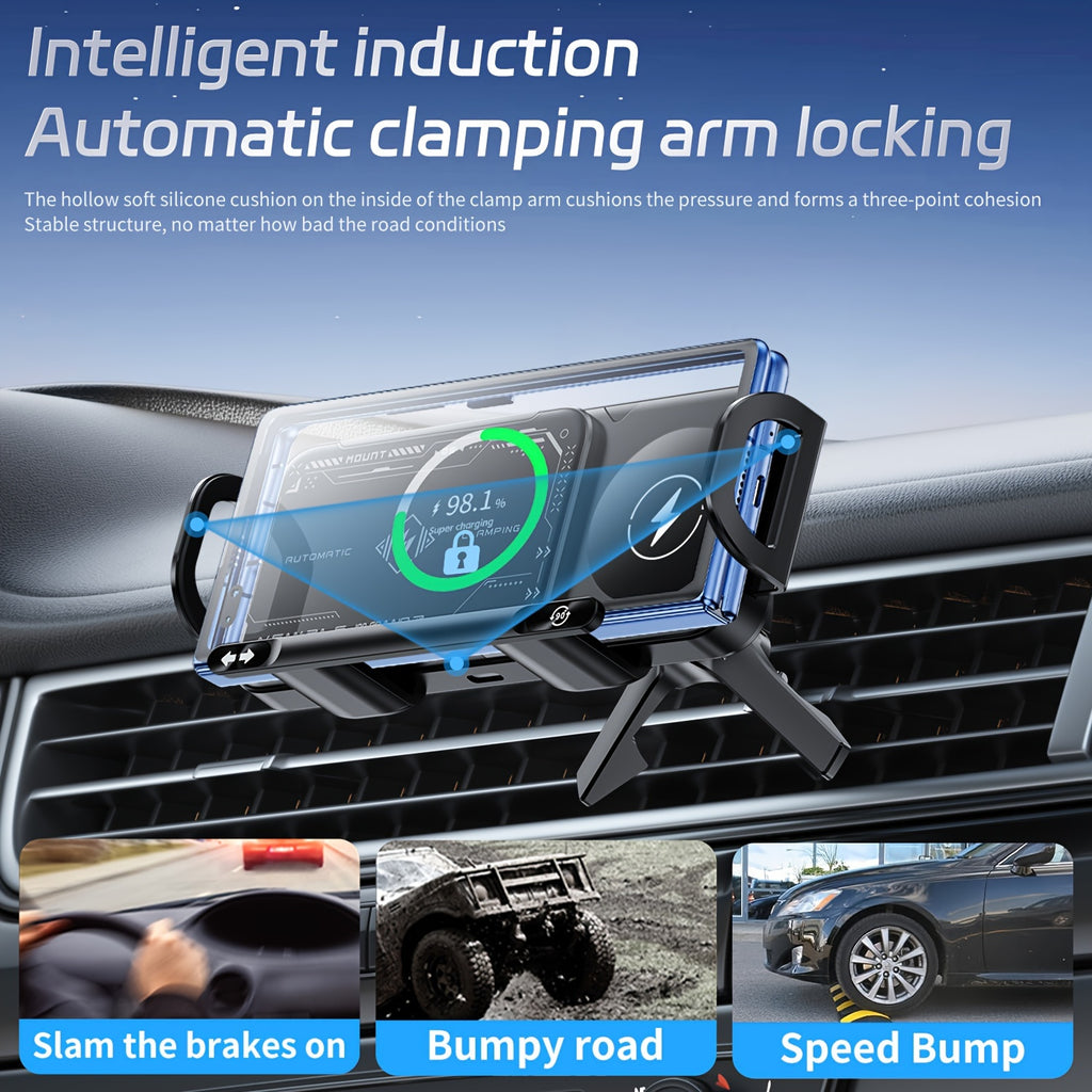 Wireless Charging Phone Holder Car Mount for Folding Screen/Universal Smartphone, 90° Rotating Car Mount Output Power 15W, Super Stable Air Vent Cell Phone Car Mount with Hook Clip, One Button Release for iPhone, Samsung, Google, and Other Smartphone