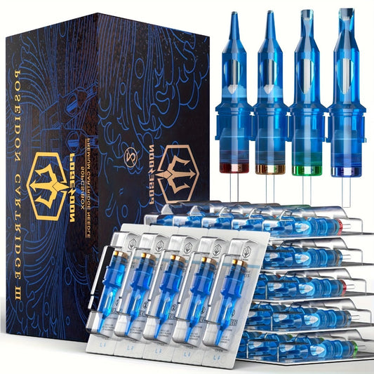 Tattoo Cartridge Needles 50pcs Mixed Assorted Sizes POSEIDON V3 with Membrane Safety Cartridges — Sterile Stainless Steel RL RS RM for Tattoo Machine Pen