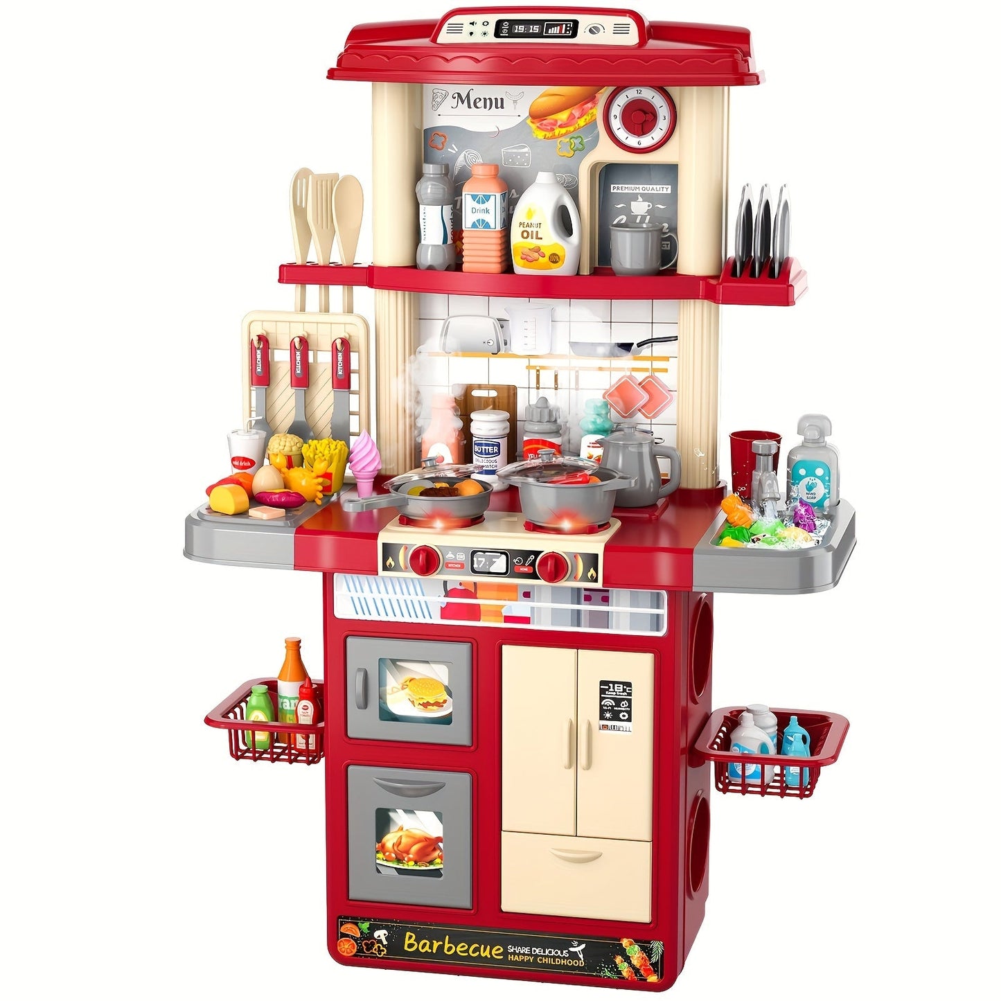 Play Kitchen Set with Lights Sounds & Spray – Toy Kitchen Playset with Oven Sink Fridge & Play Food for Kids Ages 3 4 5 6 7 8 – Imaginative Cooking Toy Holiday Gift